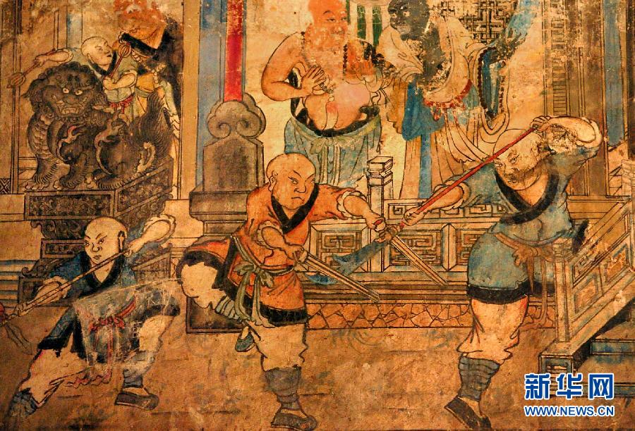 少林寺白衣殿內的墻上表現少林武僧習武練拳的壁畫(局部,2005年9月15日攝)。