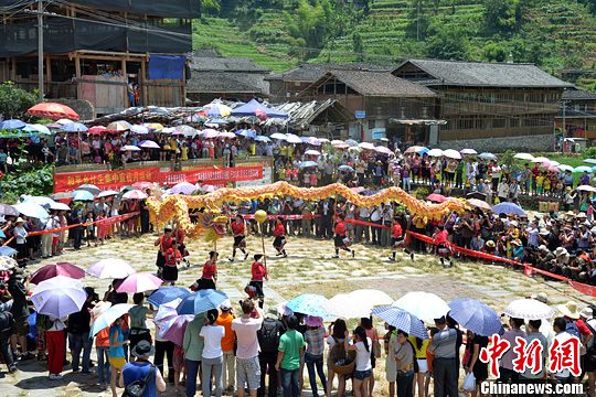 圖為當?shù)丶t瑤民眾舞起長龍祈求風調(diào)雨順。中新社發(fā) 韋吉陽 攝