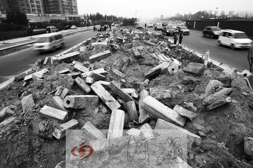 中州大道部分路段，綠化帶成了垃圾場。