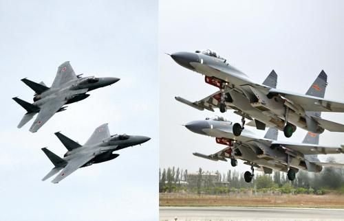29日，中國空軍查證了進入東海防空識別區的美日軍機，左圖為進入防空識別區的日本F-15戰機(資料圖)，右圖為當天起飛的中國殲-11飛機(資料圖)。