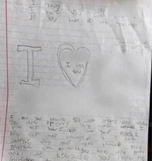 9歲男童給同伴女同學寫的情書。