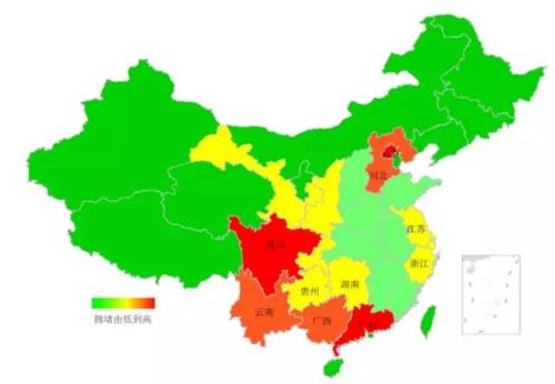 端午期間省域擁堵情況。來源：交通部聯(lián)合其他機構(gòu)發(fā)布的《2018年端午全國公路網(wǎng)出行預(yù)測報告》。