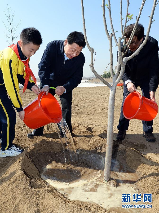 這是習(xí)近平同大家一起給剛栽下的樹(shù)苗澆水。