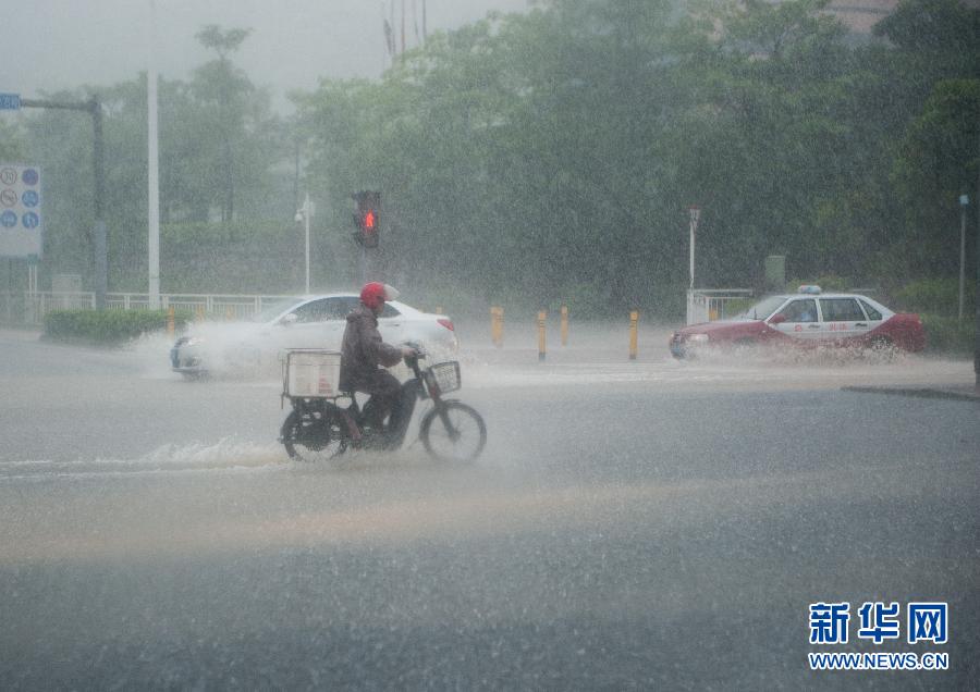 5月11日，車輛在深圳西麗留仙大道涉水前行。