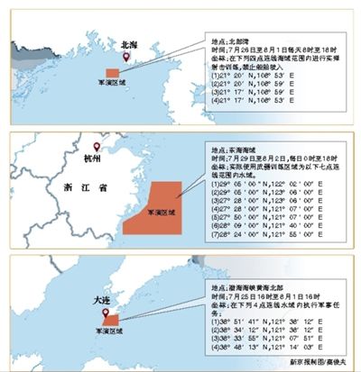 根據中國海事局發布的航行警告，解放軍將在渤海、黃海、東海和北部灣四大海域同期舉行軍演。