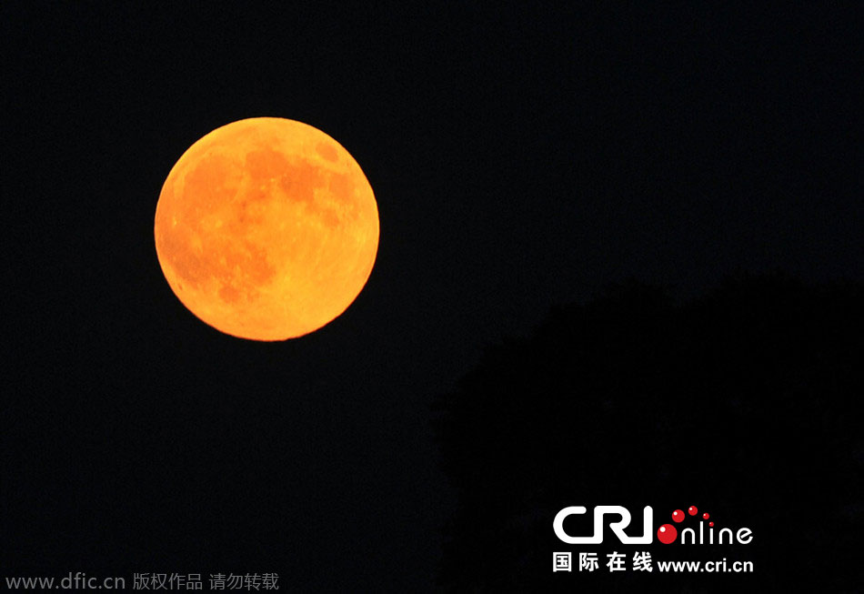 8月10日晚，一輪金燦燦的大月亮在遼寧省大連市東方升起。圖片來源：劉德斌/東方IC