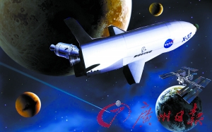 　美國(guó)X—37B宇宙飛船在太空中。（合成圖片）